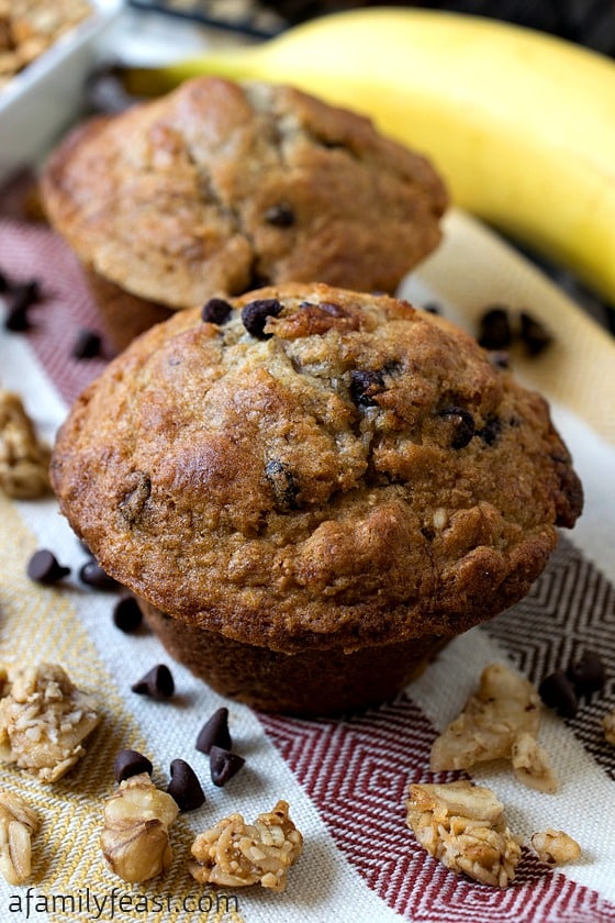 Banana Chocolate Chip Granola Muffins - Delicious hearty muffins filled with bananas and granola. 