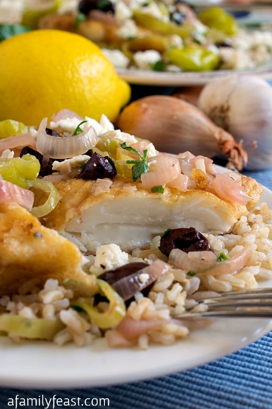 Mediterranean Haddock - A zesty and delicious dinner. Tender fish in an incredible sauce made with shallots, lemon, pepperoncini and olives. 