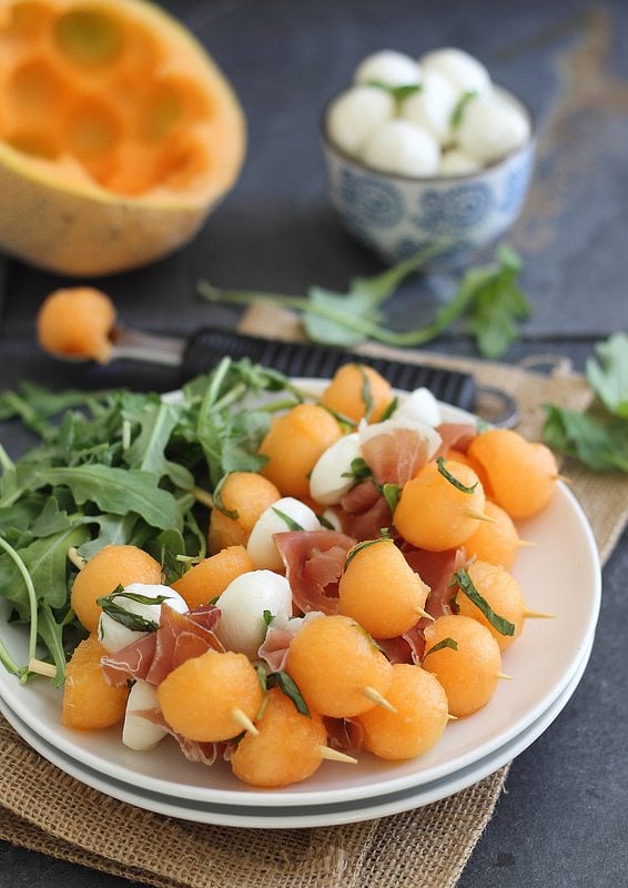 Melon, Prosciutto, and Mozzarella Skewers - One of over 25 melon recipes in a collection on afamilyfeast.com