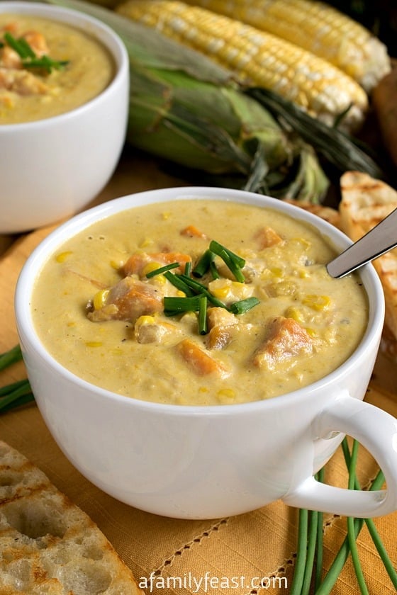 Sweet Corn Soup - Summertime in a bowl! This rich, creamy, easy soup is a perfect way to enjoy in-season corn.