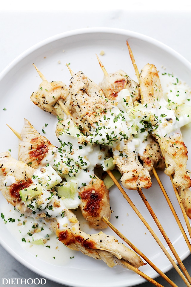 25 Sensational Skewer Recipes, including these Chicken Skewers with Cucumber Sauce
