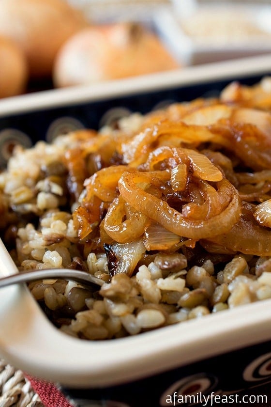 Mujadarra - Don't be fooled by the simple ingredients in this classic Middle Eastern dish! A delicious side made from caramelized onions over lentils and brown rice. Simple but delicious!