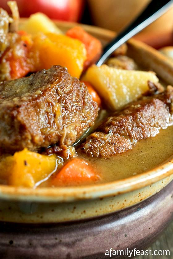 Autumn Pork Stew - Tender chunks of pork, apples, potatoes and butternut squash are combined to create the ultimate comfort food!