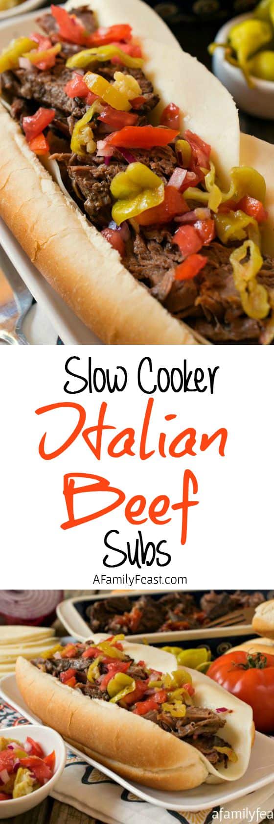 Slow Cooker Italian Beef Subs - Perfect for game day parties or a busy weeknight dinner - this Italian Beef is fantastic!