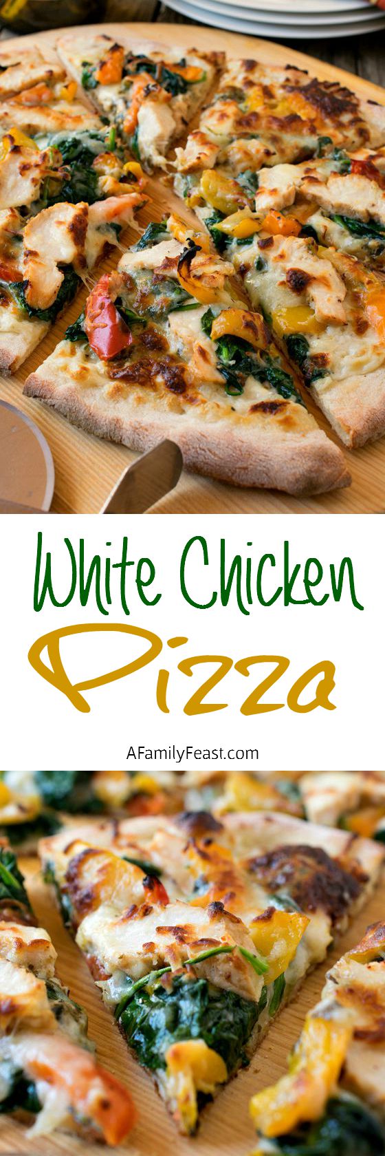 Change family pizza night with this delicious White Chicken Pizza! Grilled chicken, creamy white bechamel, pesto, peppers, spinach and mozzarella! Pizza heaven!