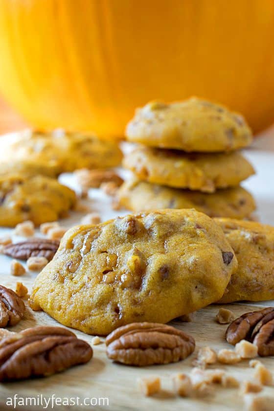 Pumpkin Pecan Toffee Chip Cookies - Soft, moist and cake-like cookies loaded with pecans and toffee bits! Incredible!