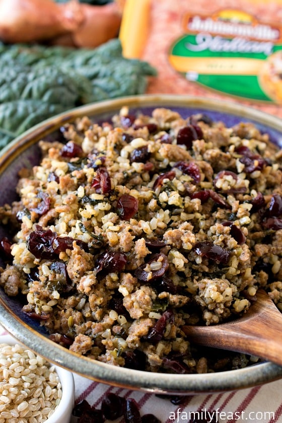 Italian Sausage and Rice Dressing with Kale and Cranberries - A fantastic, flavorful alternative to traditional bread stuffing. (Gluten-Free option). 