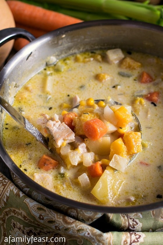 Butternut Squash and Chicken Chowder - A fantastic Fall soup! Wonderful savory flavors including sage, chicken and butternut squash.