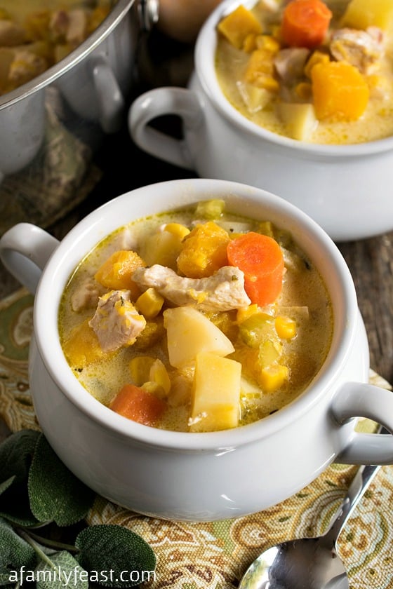 Butternut Squash and Chicken Chowder - A fantastic Fall soup! Wonderful savory flavors including sage, chicken and butternut squash.