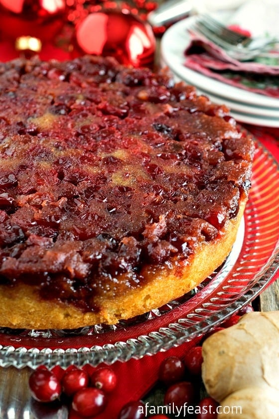 Cranberry Ginger Upside Down Cake with Rum Whipped Cream - A Family Feast