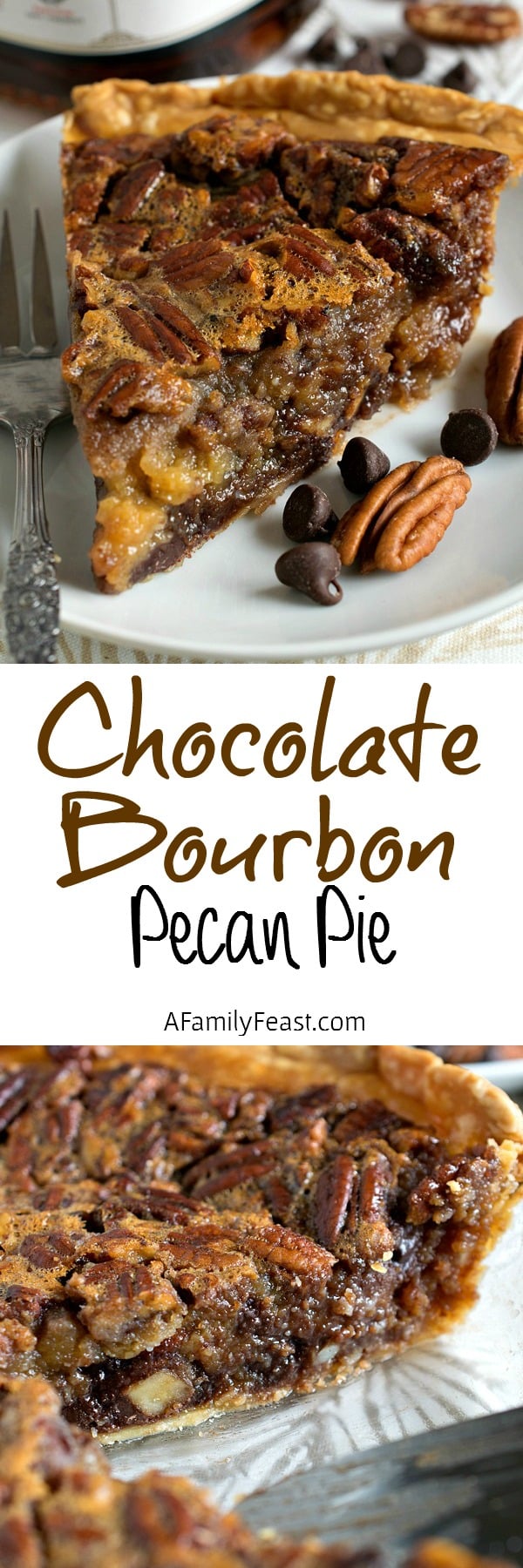 Chocolate Bourbon Pecan Pie - A classic dessert but kicked up a notch by adding chocolate chips and bourbon to the pecan pie filling. Incredible!