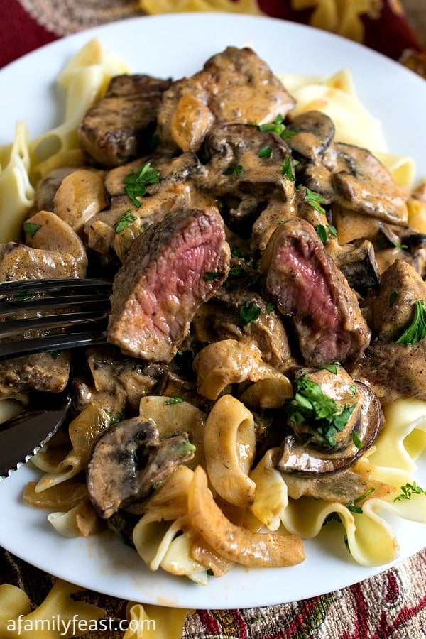 Beef Stroganoff prepared the way it should be! Tender chunks of beef and sliced mushrooms in a fantastic, flavorful sauce.