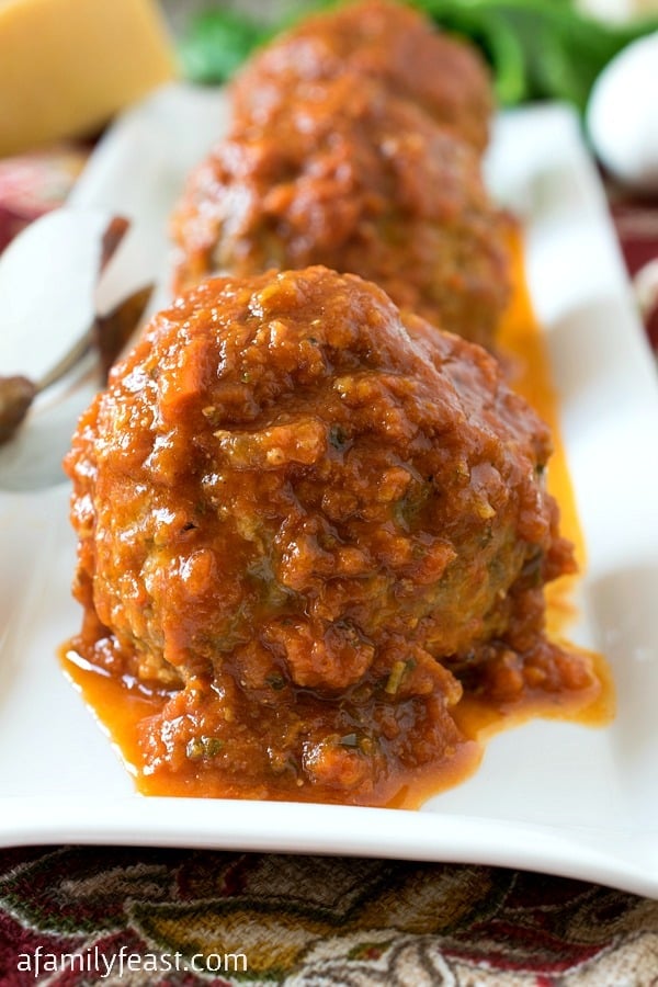 These fantastic Italian-style giant Stuffed Meatballs are delicious served as an appetizer or alongside your favorite pasta dish!