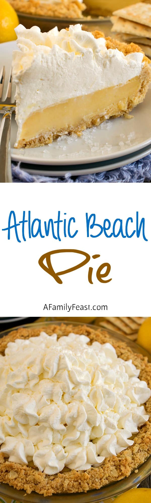 Atlantic Beach Pie - A uniquely delicious lemony custard pie, topped with whipped cream in a saltine cracker crust. A perfect salty-sweet dessert!
