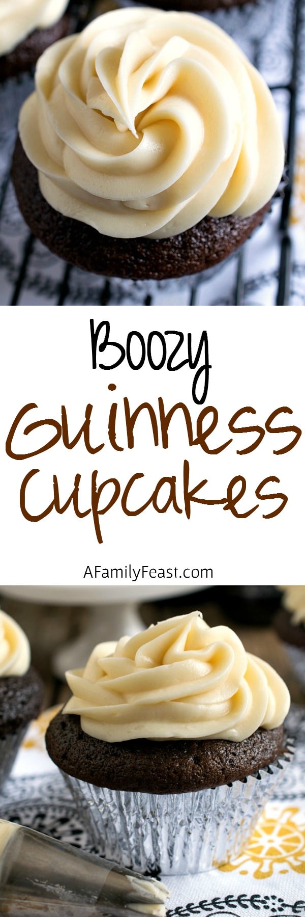 Boozy Guinness Cupcakes - Chocolate and Guinness cupcakes filled with a Kahlua ganache and topped with Bailey's Irish Cream frosting! 