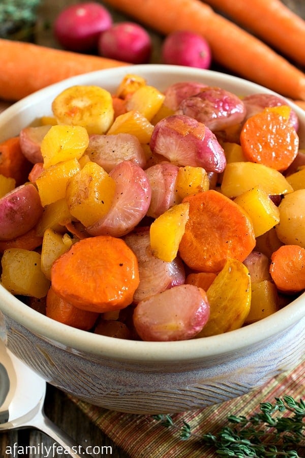 Roasted Radishes and Root Vegetables - A simple side dish with great flavor and color! (Who knew roasted radishes were so delicious!)