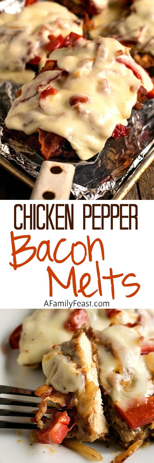 Chicken Pepper Bacon Melts - Tender fried chicken layered with roasted peppers, bacon and cheese! An easy, delicious weeknight meal.
