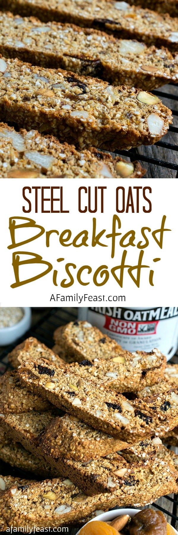 Steel Cut Oats Breakfast Biscotti - A hearty, delicious breakfast biscotti chock full of nuts, dried fruit and McCann's Steel Cut Irish Oatmeal.