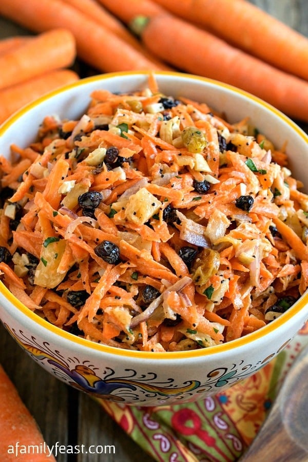 This easy Carrot Salad is made with fresh in-season carrots and it's a little bit sweet and a little bit savory. 