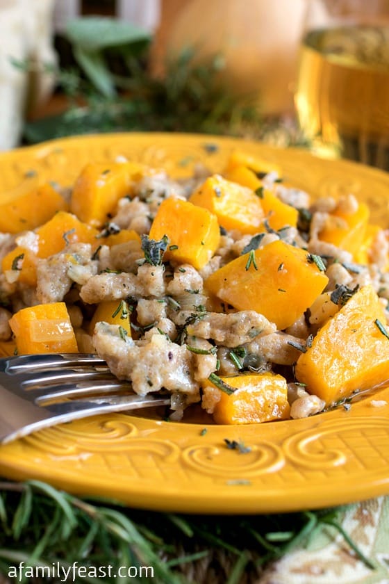 Whole Wheat Spaetzle with Butternut Squash - A wonderful, savory meatless meal!