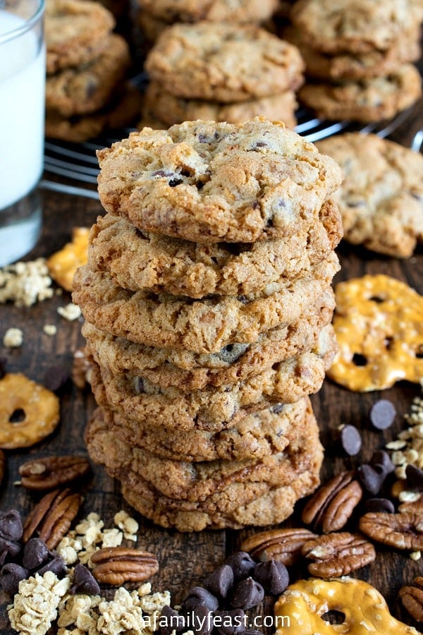 Crunchie Munchie Cookies - Filled with chocolate, granola, pretzels and nuts, these cookies are the perfect salty-sweet treat when you have the munchies!