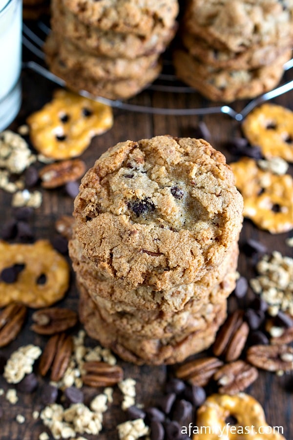 Crunchie Munchie Cookies - Filled with chocolate, granola, pretzels and nuts, these cookies are the perfect salty-sweet treat when you have the munchies!