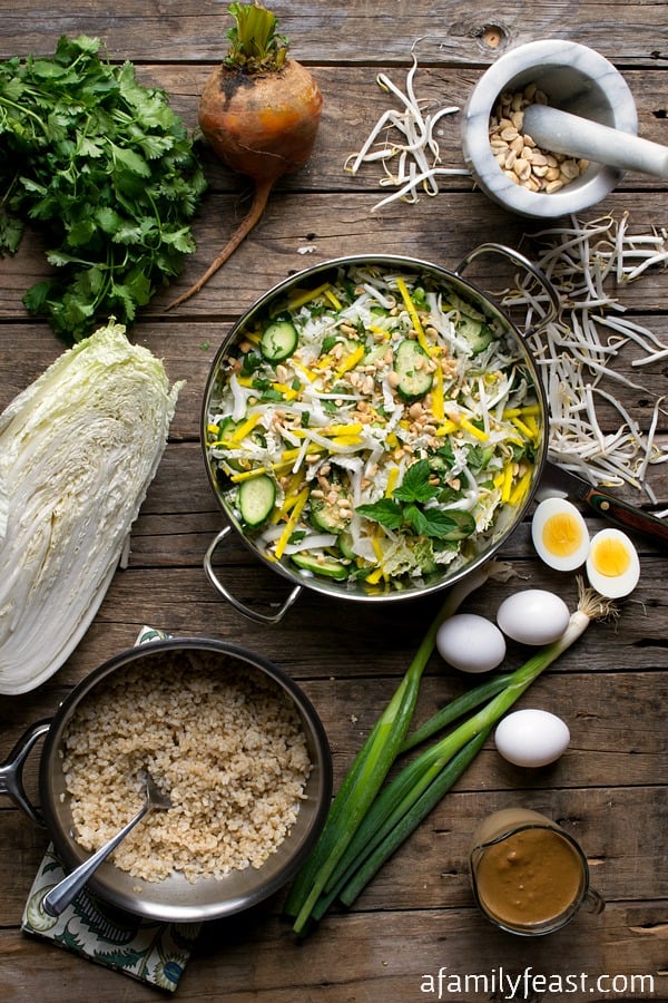 Crunchy Vegetable Rice Bowl with Warm Peanut Sauce - A Family Feast