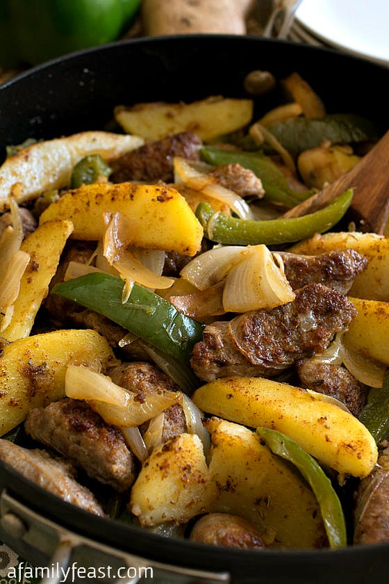 This Easy Italian Sausage and Potato Skillet cooks up in just 30 minutes. A delicious dinner or breakfast!