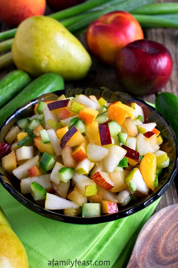 Fruit and Cucumber Salsa - A surprisingly delicious flavor combination! Fantastic side dish to any grilled meal or eaten with chips!