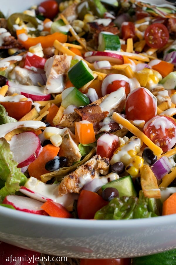 Ranch Chicken Chopped Salad - Grilled chicken, fresh veggies, tortilla strips and cheese - plus a delicious Ranch Dressing!