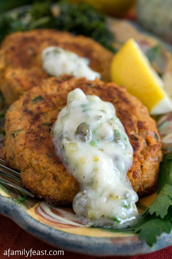 Whole30 Salmon Cakes with Tartar Sauce - Delicious, easy and quick to prepare. Make up an extra batch and keep on hand in the freezer!