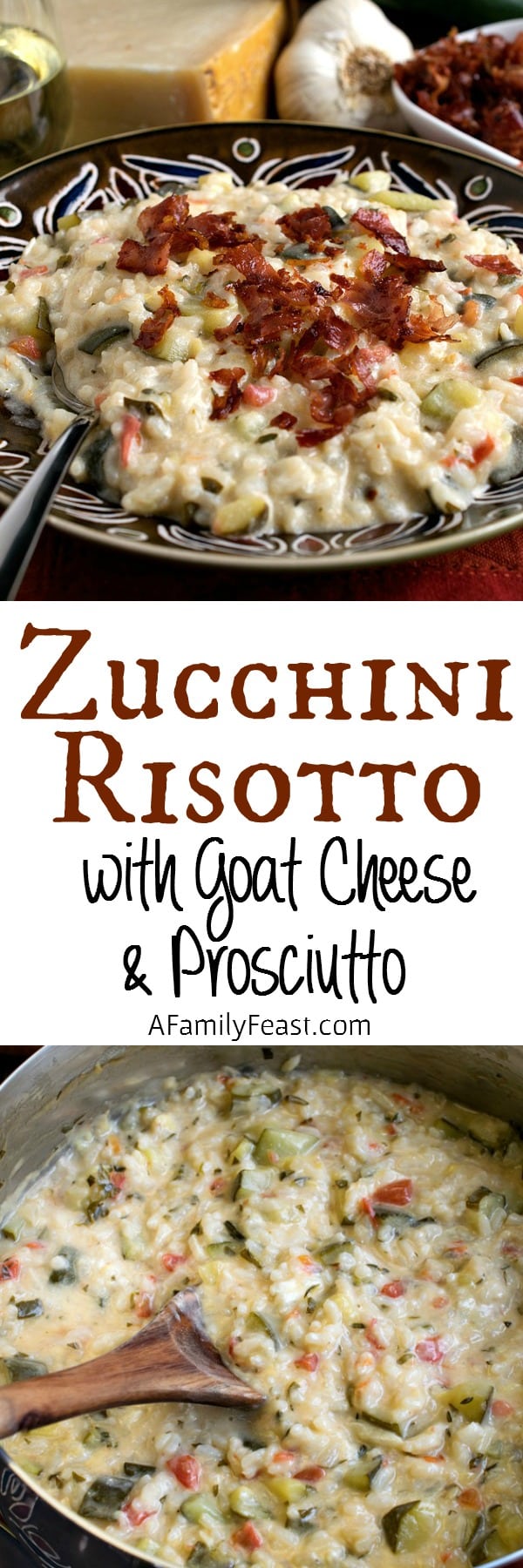Zucchini Risotto with Goat Cheese and Prosciutto - A fantastic risotto that gets an extra kick of flavor from melted goat cheese stirred in at the end. Plus crispy prosciutto on top!