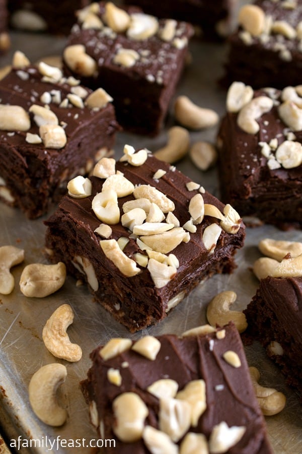 Cashew Frosted Brownies - Decadently delicious, fudgy and dense chocolate frosted brownies loaded cashews!