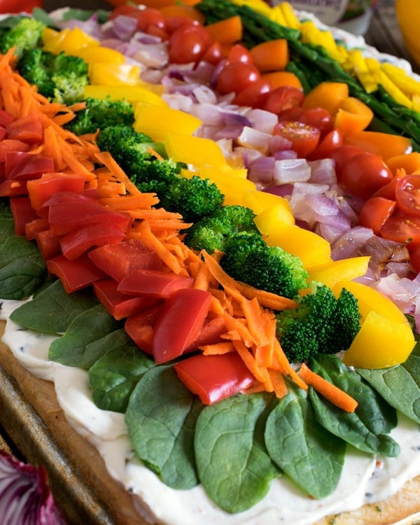 Cold Veggie Pizza - A delicious, satisfying way to eat your vegetables! Focaccia smothered in Marzetti (R) Veggie Dip and topped with fresh veggies. Slice and serve! #ForTheLoveOfProduce