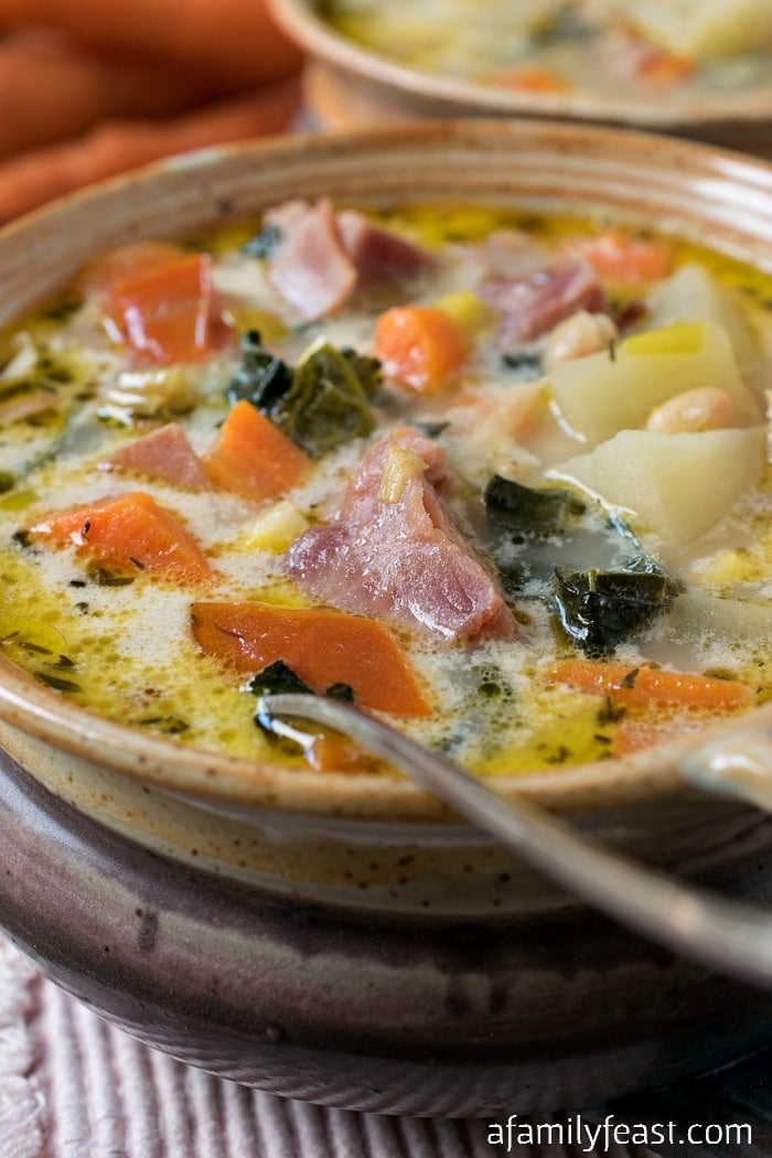 Ham and Vegetable Soup - A delicious soup, perfect for using up a leftover ham bone! Filled with lots of healthy vegetables in a creamy broth.