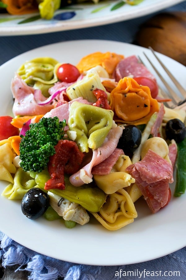 Italian Tortellini Salad - Tri-color tortellini pasta, deli meats and cheeses, plus a variety of vegetables. This salad is delicious!