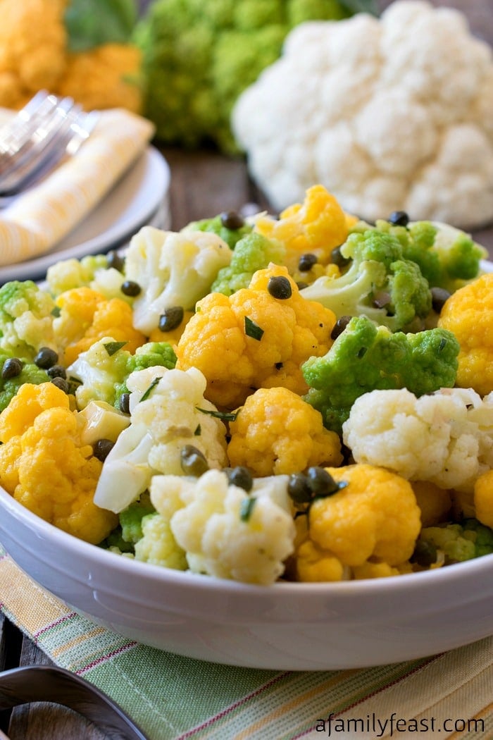 Tri-Color Cauliflower Salad - A light and zesty salad made with rainbow cauliflower. Great for summer cookouts!