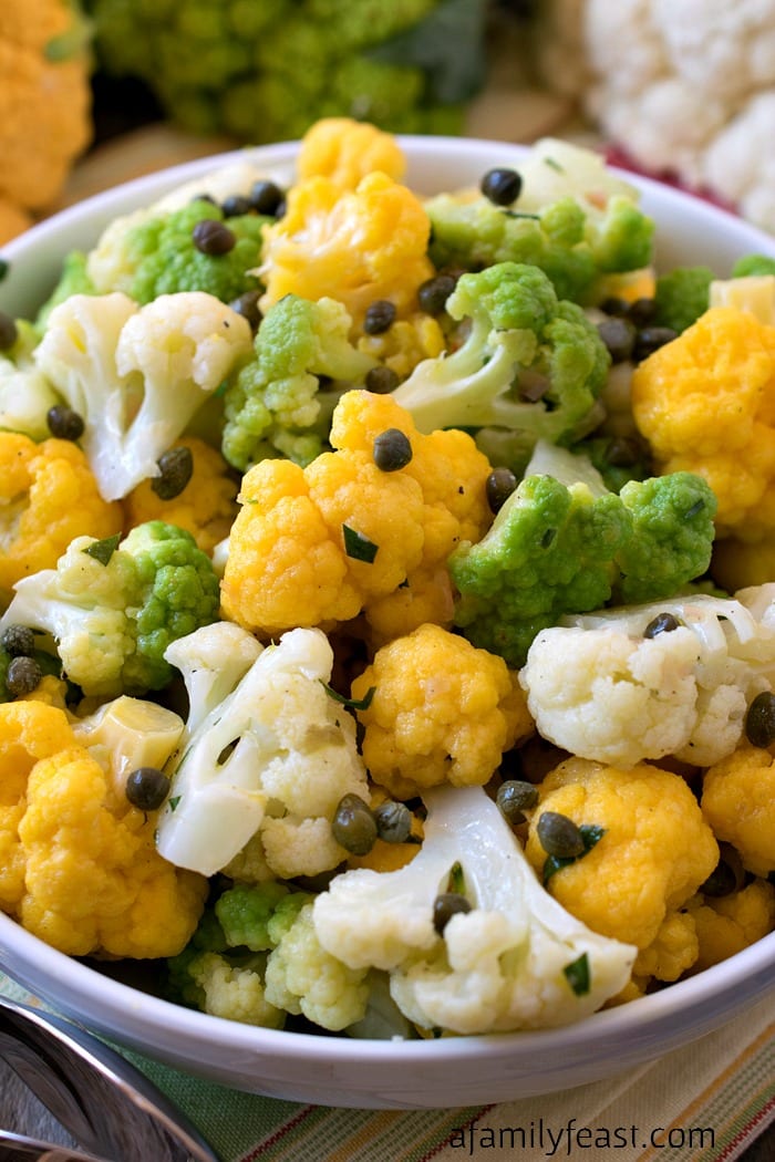 Tri-Color Cauliflower Salad - A light and zesty salad made with rainbow cauliflower. Great for summer cookouts!