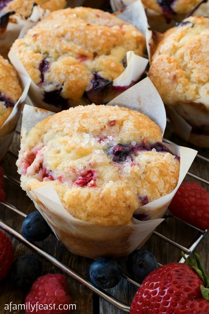 Our Mixed Berry Muffins are a wonderful taste of summer thanks to a generous amount of fresh strawberries, raspberries and blueberries that we loaded into the sweet muffin batter.