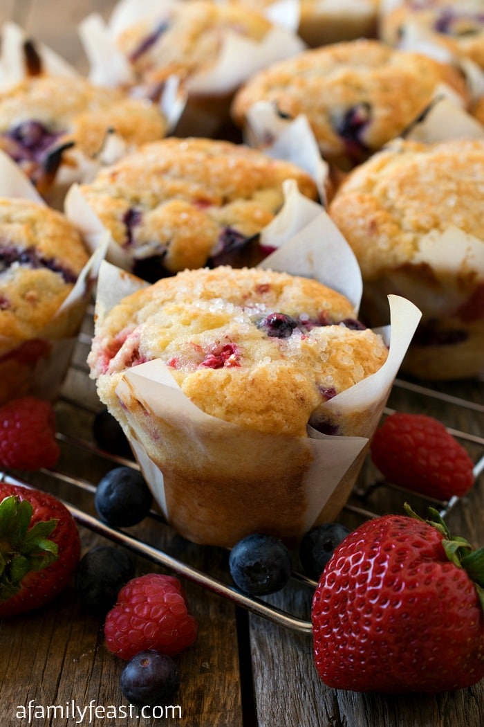 Our Mixed Berry Muffins are a wonderful taste of summer thanks to a generous amount of fresh strawberries, raspberries and blueberries that we loaded into the sweet muffin batter.