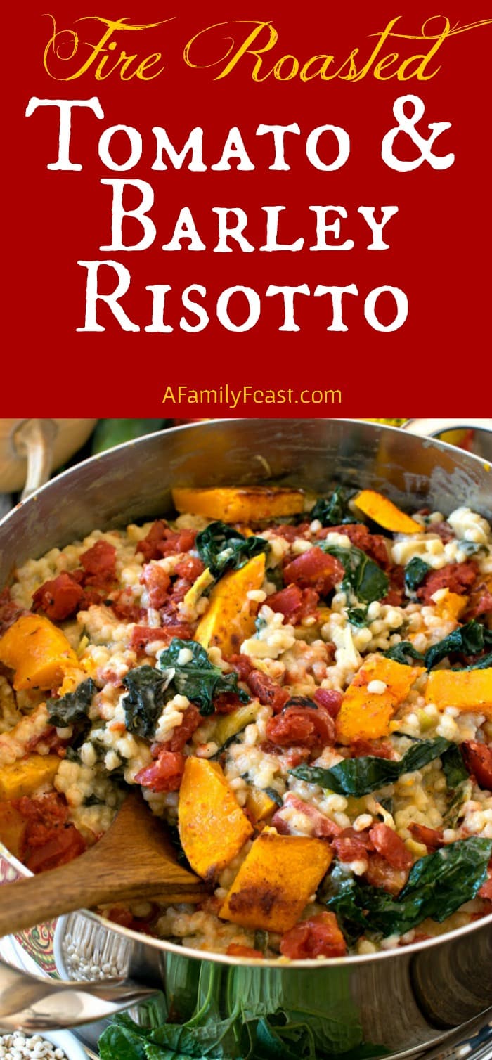 Fire Roasted Tomato and Barley Risotto - A creamy barley risotto loaded with fire roasted tomatoes, butternut squash and kale. Super comforting and delicious!