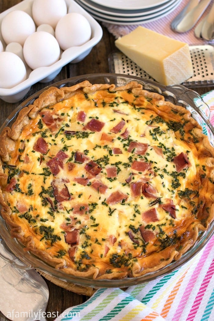 Ham and Swiss Quiche - A classic flavor combination in a quiche. Recipe includes the best quiche custard that can be used with any cheese, meats or veggies you'd like.