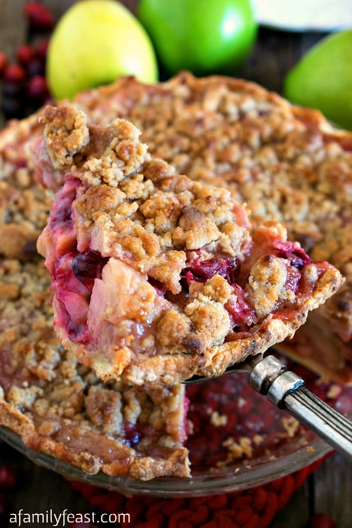 Fall Fruit Pie - A delicious crumb-topped pie filled with apples, pears and cranberries. Delicious!