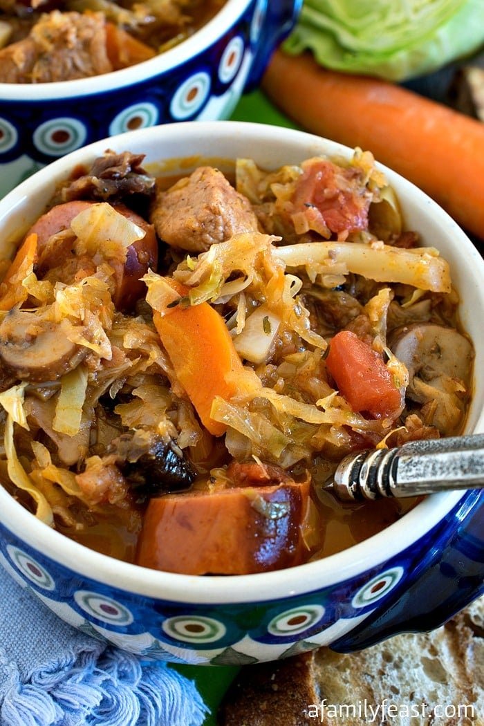 Bigos (also known as Polish Hunter's Stew) is a hearty delicious dish made with meat, cabbage, sauerkraut and vegetables.