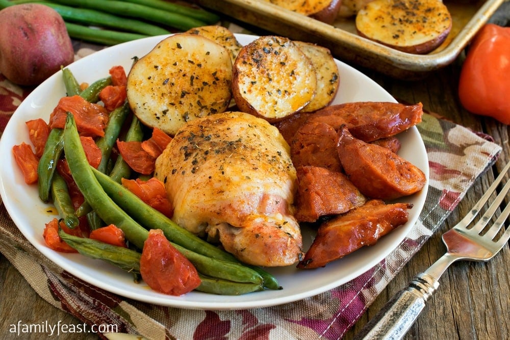 Chicken and Linguica Sheet Pan Dinner - This flavorful Portuguese-inspired dinner is easy to prepare and even easier to clean up afterwards!