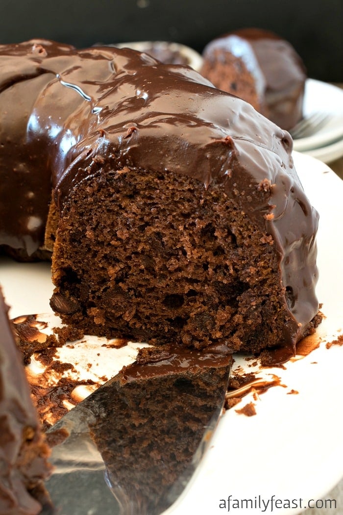 Kathy's Chocolate Chocolate Chip Cake is super moist and super easy! Delicious chocolate cake loaded with chocolate chips and a ganache frosting.