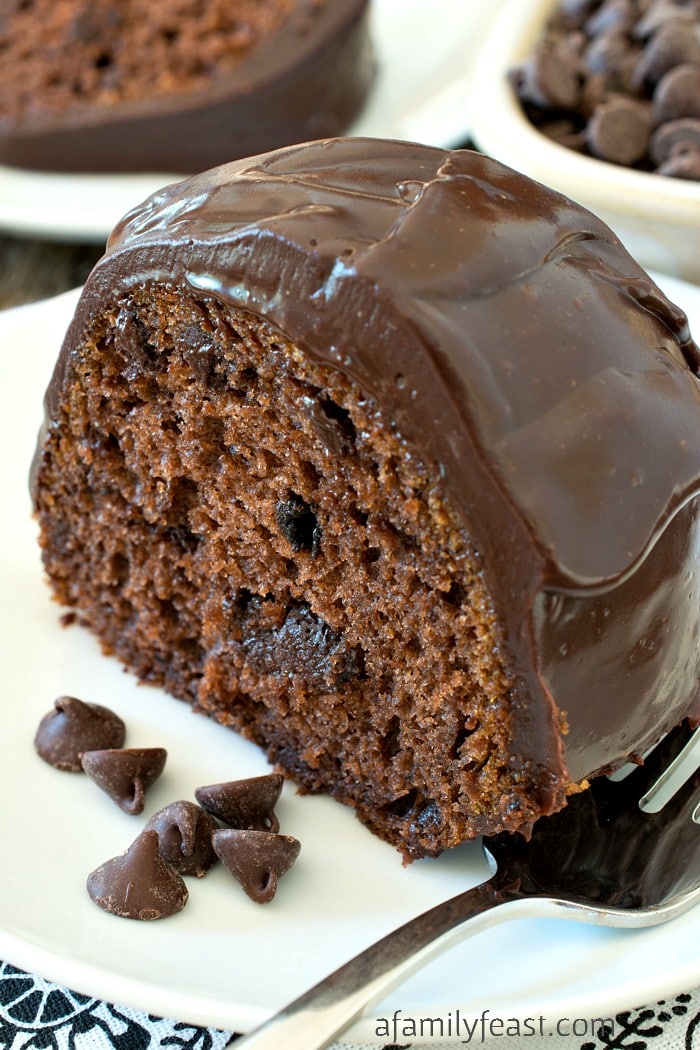 Kathy's Chocolate Chocolate Chip Cake is super moist and super easy! Delicious chocolate cake loaded with chocolate chips and a ganache frosting.