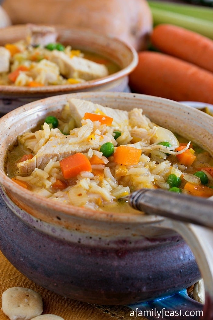 Curried Turkey & Rice Soup - A delicious, lightly spiced, creamy soup that is perfect for using up Thanksgiving leftovers. 