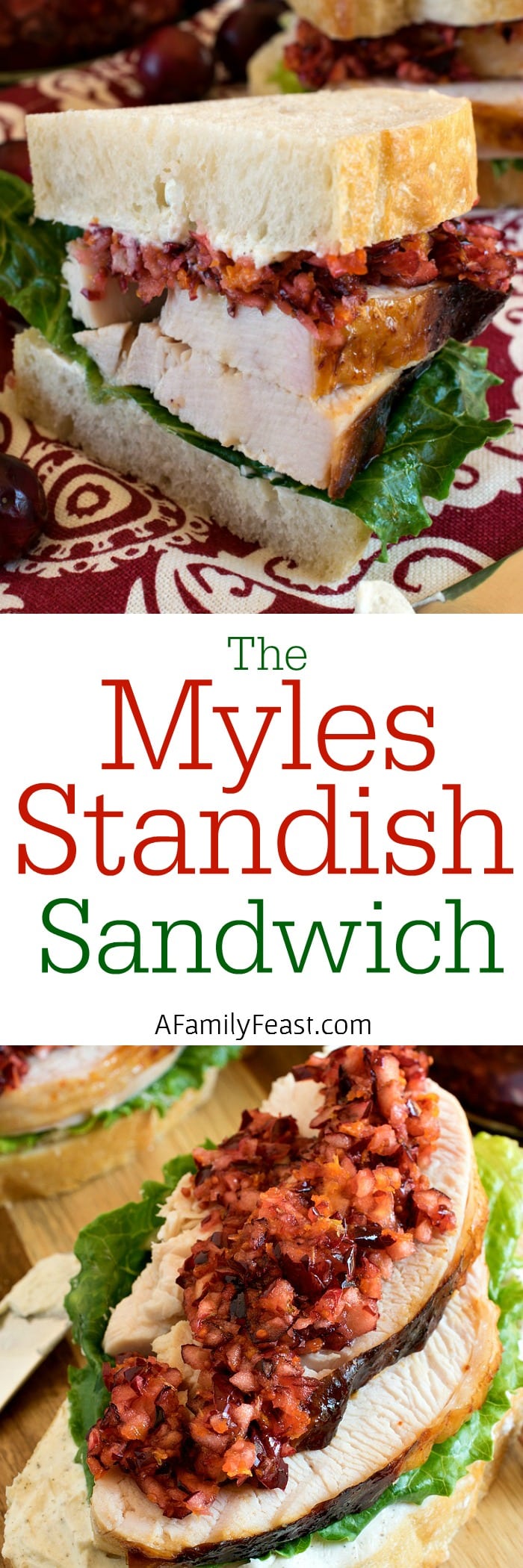 Myles Standish Sandwich - A delicious sandwich made with turkey slices, cream cheese on white crusty bread, and a delicious cranberry orange relish on top. So good!