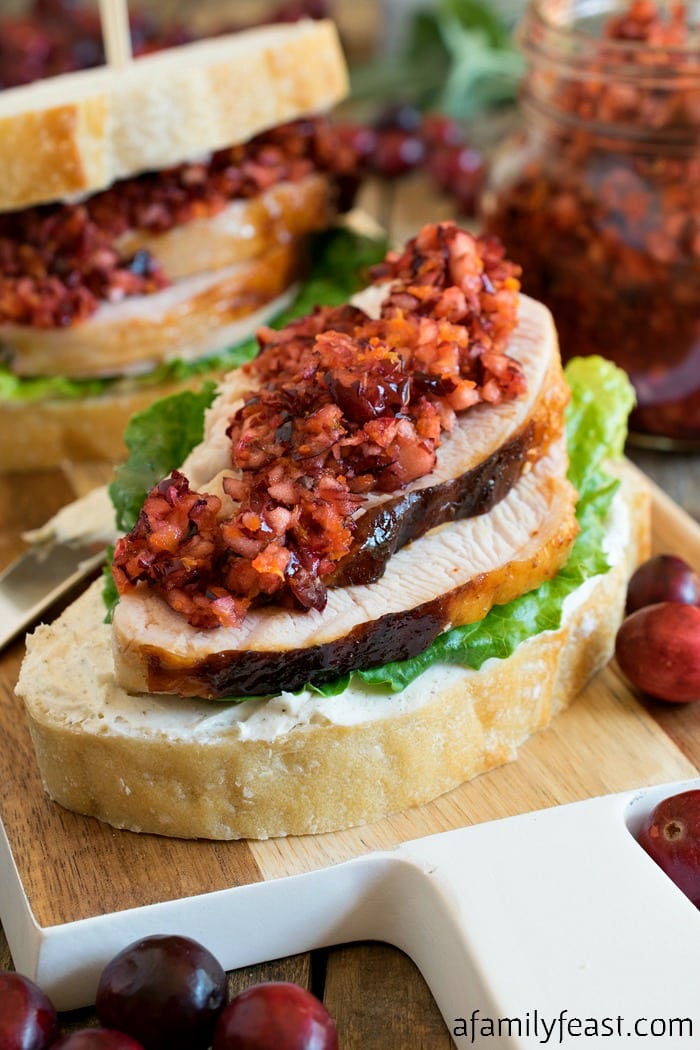 Myles Standish Sandwich - A delicious sandwich made with turkey slices, cream cheese on white crusty bread, and a delicious cranberry orange relish on top. So good!